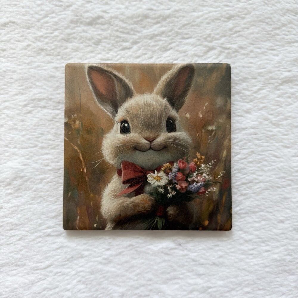 Ceramic Coaster Bunny With Flower Bouquet Home Decor Cute Animal Coaster